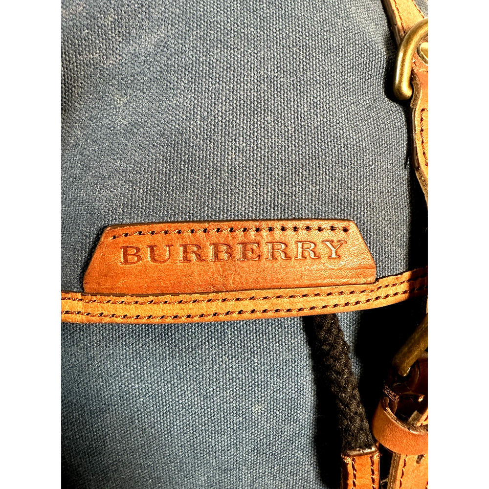 Burberry Blue Cotton Canvas Backpack Rucksack ~ Brown Leather Trim~ Drawstring - Picture 10 of 11